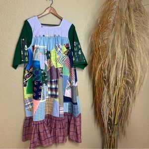 Handmade patchwork square neck dress with multi plaid prints medium